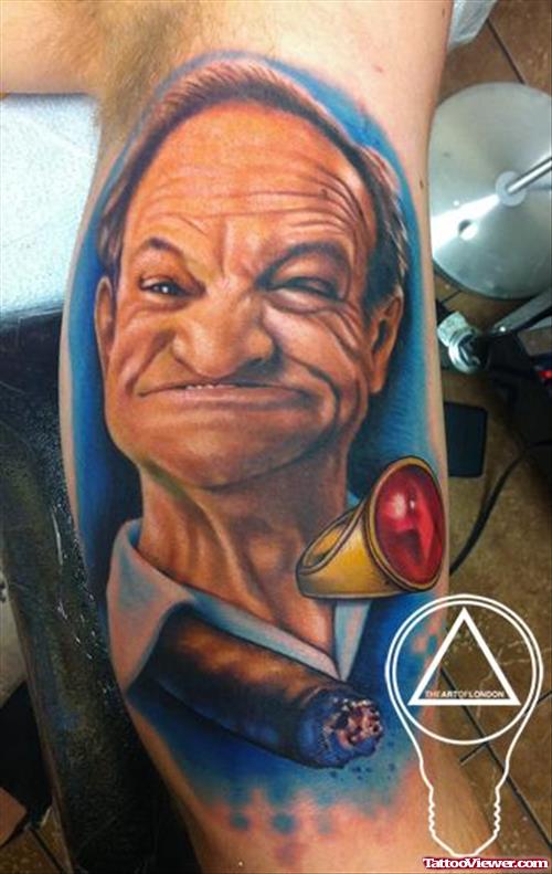 Grandpa Gurn Face Tattoo On Leg