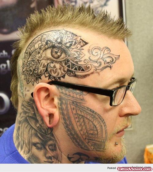 Grey Ink Eye And Samoan Face Tattoo