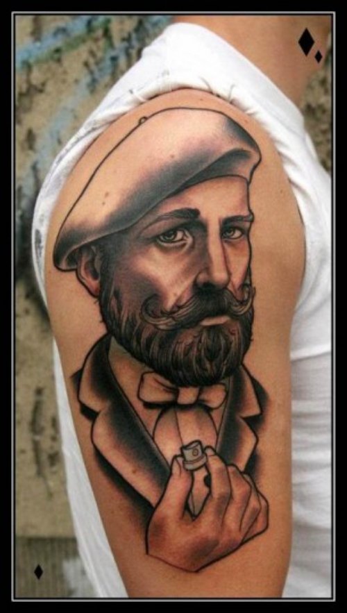 Grey Ink Man Portrait Face Tattoo On Half Sleeve