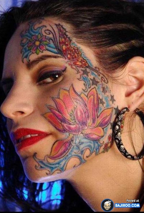 Colored Flowers Face Tattoo For Girls
