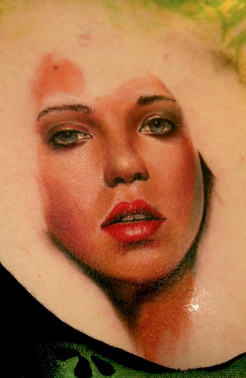 Pinup Girl Face Tattoo On Chest