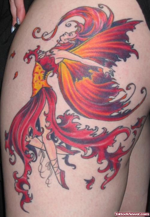 Colored Ink Fire Fairy Tattoo On Leg