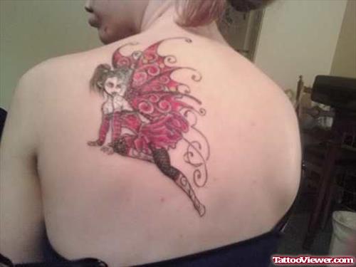 Awesome Colored Fairy Tattoo On Left Back Shoulder