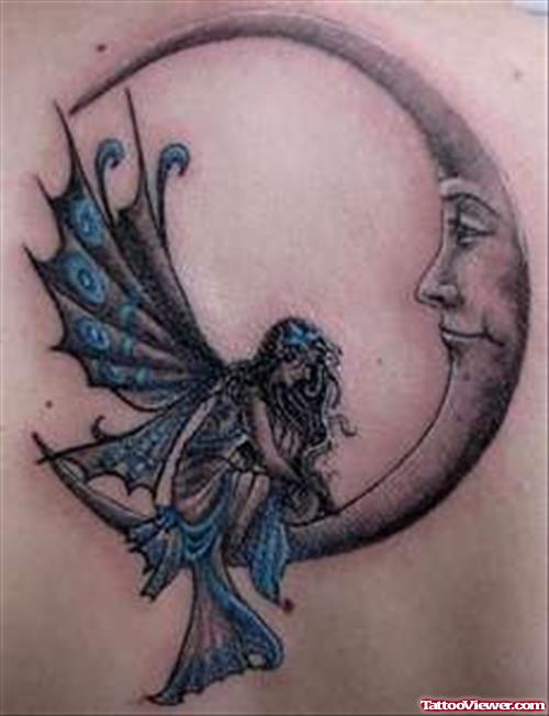 Grey Ink Moon And Blue Fairy Tattoo