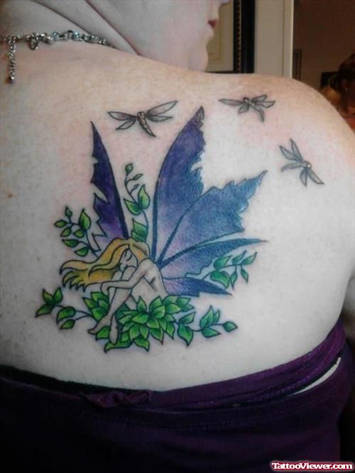 Flying Dragonflies And Fairy Tattoo On Right Back Shoulder
