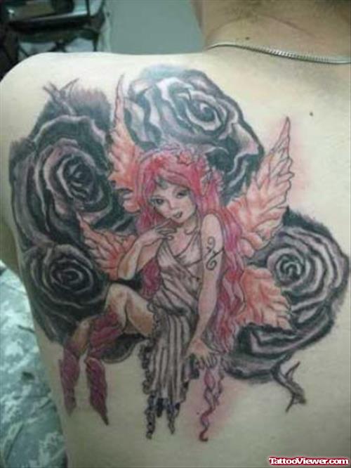 Grey Ink Fairy Tattoo On Lowerback