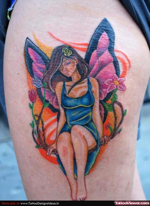 Colored Fairy Tattoo On Left Leg
