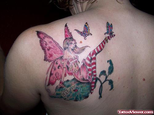 Colored Butterflies And Fairy Tattoo On Left Back Shoulder