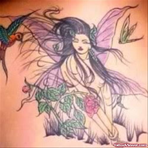 Attractive Flying Birds And Fairy Tattoo