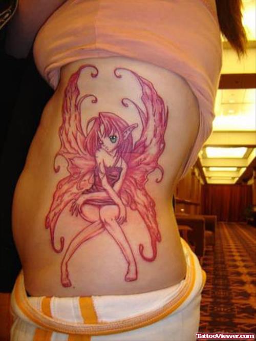 Red Ink Fairy Tattoo On Side Rib