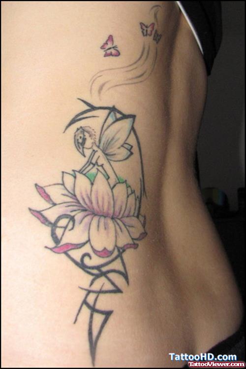 Tribal Lotus Flower And Fairy Tattoo On Back