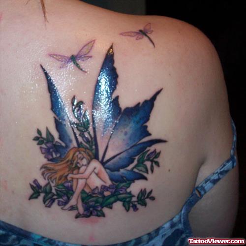Dragonflies And Fairy Tattoo On Right Back Shoulder