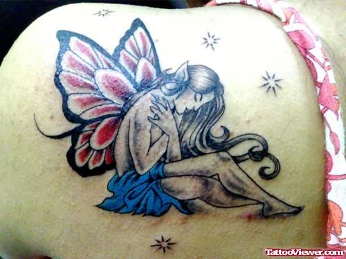 Sad Fairy Tattoo On Left Back Shoulder