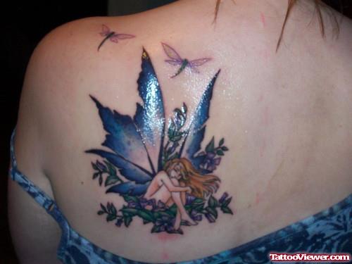 Dragonfly And Fairy Tattoo On Back Shoulder