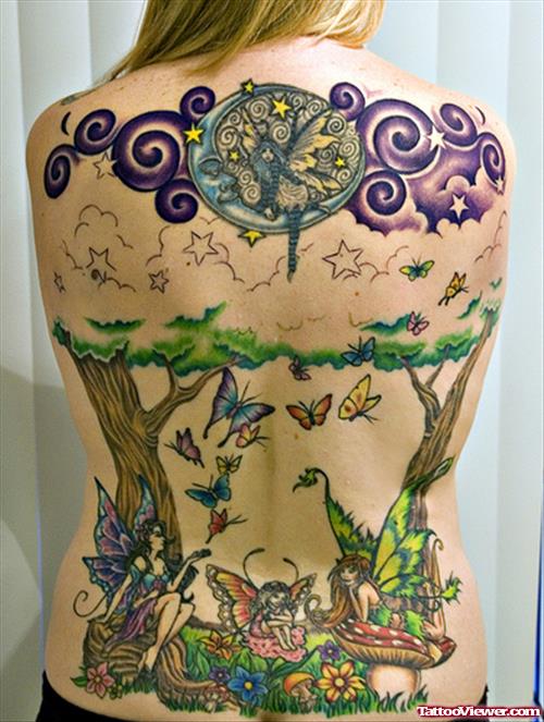 Colored Flowers And Fairies Tattoos On Back