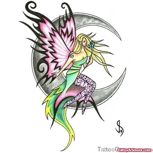 Colored Fairy Sitting On Moon Tattoo Design