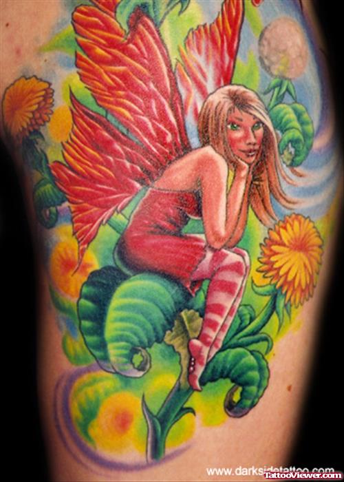 Colored Flowers And Colored Gothic Fairy Tattoo