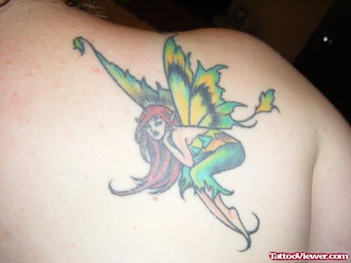 Green Ink Fairy Tattoo On Right Back SHoulder