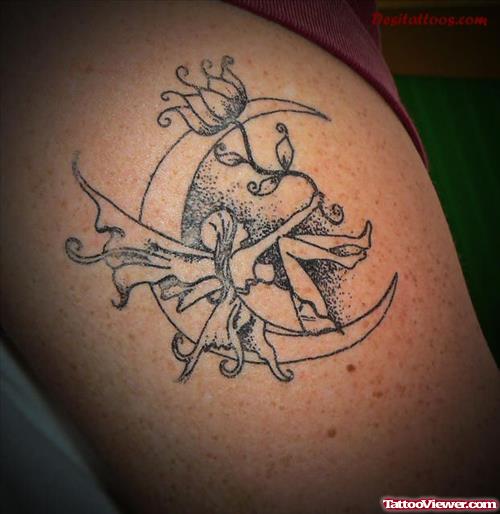 Attractive Grey Ink Moon And Fairy Tattoo