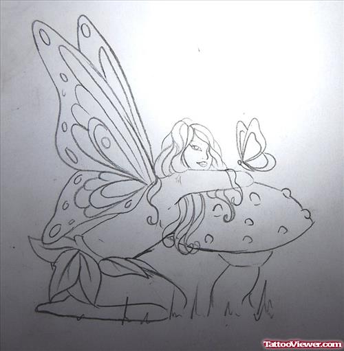 Fairy Tattoo Design With Butterfly And Mushroom