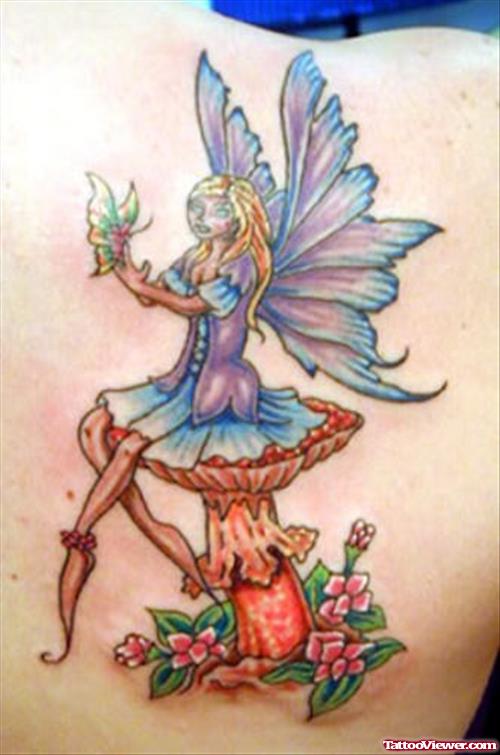 Color Flowers Mushroom And Fairy Tattoo