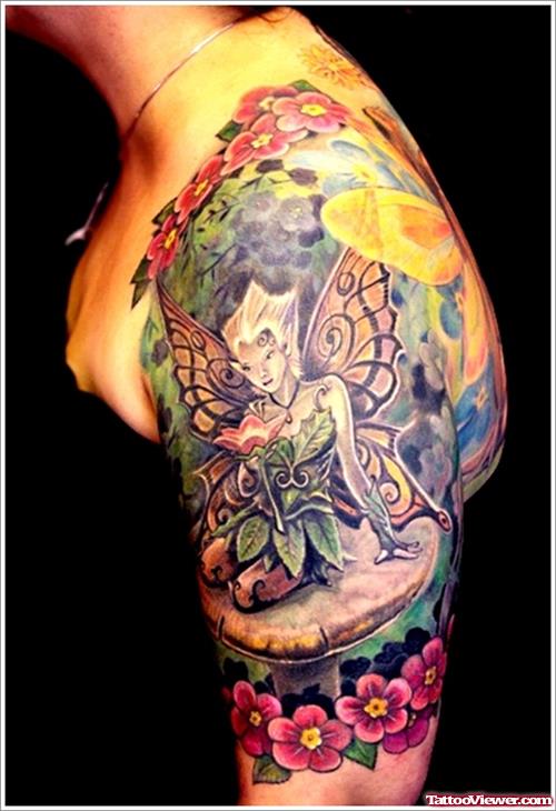 Awesome Colored Flowers And Fairy Tattoo On Left Half Sleeve