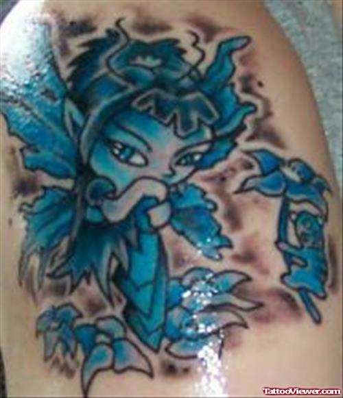 Blue Ink Fairy Tattoo On Shoulder