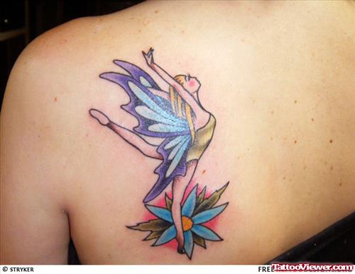 Back Shoulder Flower And Fairy Tattoo