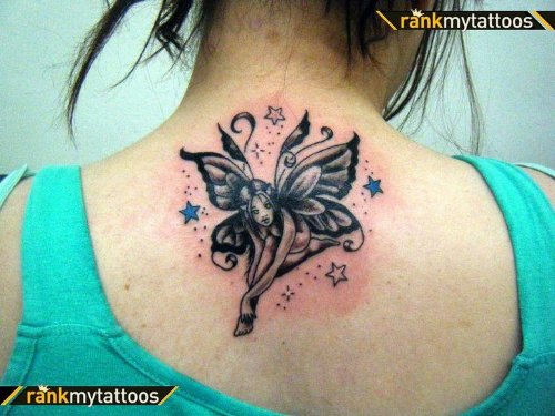 Grey Ink Upperback Fairy Tattoo