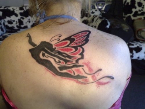 Flying Gothic Fairy Tattoo On Upperback