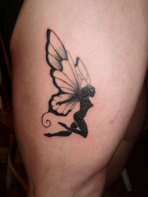 Black Ink Fairy Tattoo On Half Sleeve