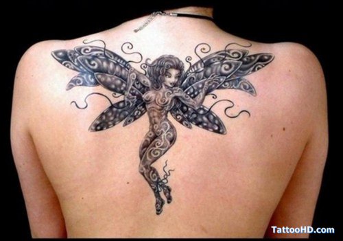 Attractive Grey Ink Upperback Fairy Tattoo
