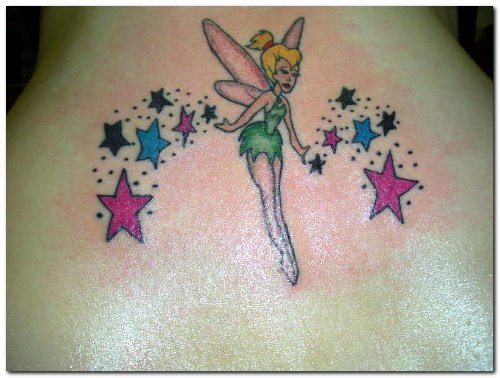 Colored Stars And Fairy Tattoo On Back