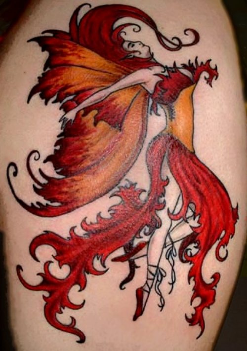 Colored Ink Flying Fairy Tattoo