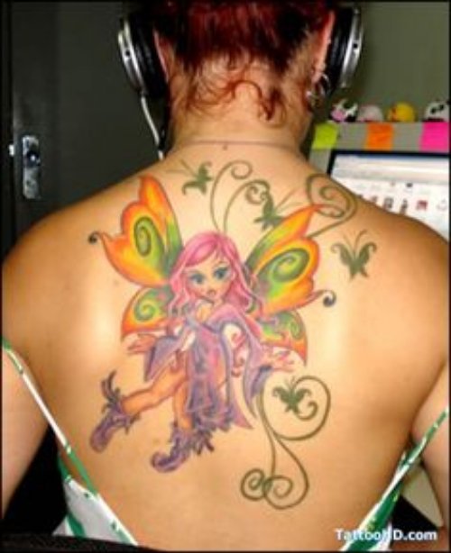 Awesome Colored Fairy Tattoo On Back Body