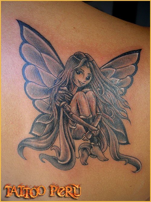 Grey Ink Fairy Tattoo On Back Shoulder