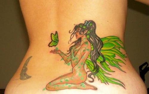 Green Butterfly And Fairy Tattoo on Lowerback