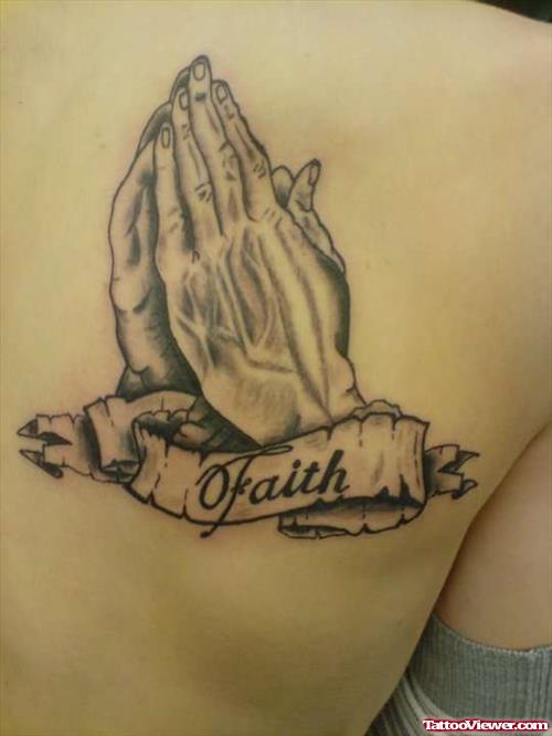 Grey Ink Praying Hands And Faith Banner Tattoo