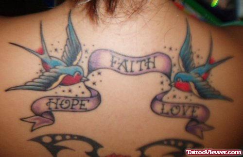 Flying Birds And Hope Love And Faith Banner Tattoo On Back