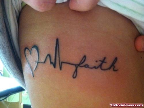 Black Ink Heartbeat With Faith Tattoo On Side Rib