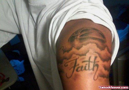 Grey Ink Clouds Faith Tattoo On Shoulder