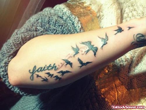 Flying Birds And Faith Tattoo On Right Sleeve
