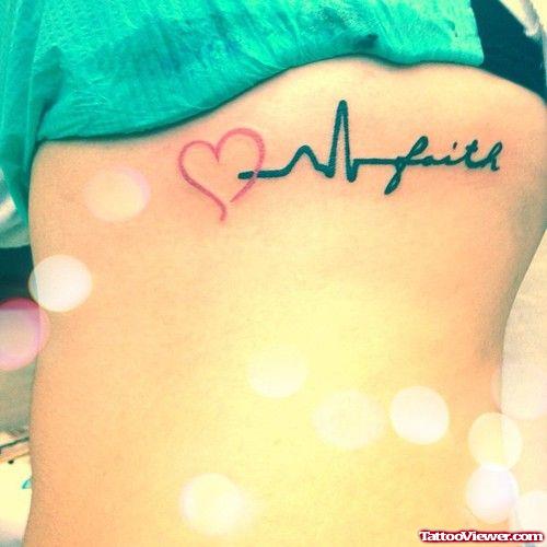 Color Heartbeat Faith Tattoo On Side Rib