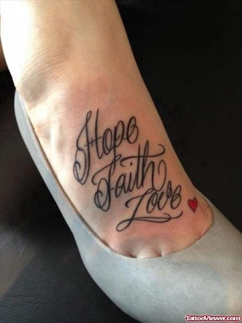 Tiny Red Heart And Hope Faith Love Tattoo On Right Foot