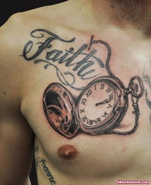 Pocket Watch And Faith Tattoo On Chest