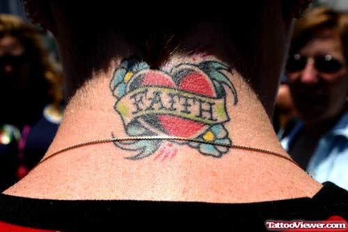 Red Heart With Faith Banner Tattoo On Back Neck