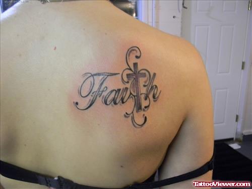Grey Ink Cross Faith Tattoo On Right Back Shoulder
