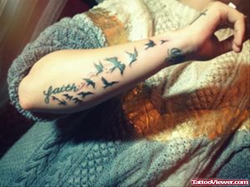 Flying Birds And Faith Tattoo On Right Forearm