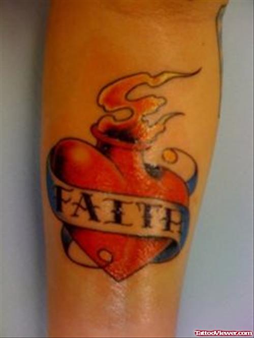 Burning Red Heart And Faith Banner Tattoo
