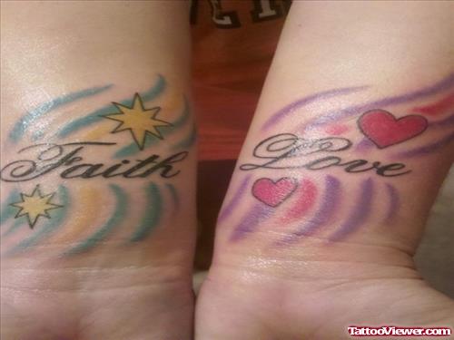 Colorful Faith And Love Tattoos On Wrists